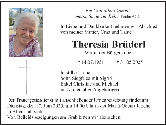 Traueranzeige von Theresia Brüderl von Illertisser Zeitung