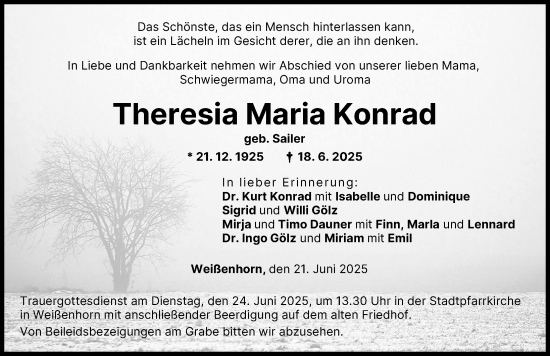 Traueranzeige von Theresia Maria Konrad von Neu-Ulmer Zeitung