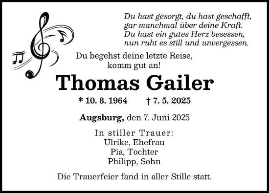 Traueranzeige von Thomas Gailer von Augsburger Allgemeine