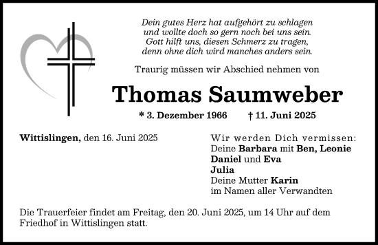 Traueranzeige von Thomas Saumweber von Donau Zeitung