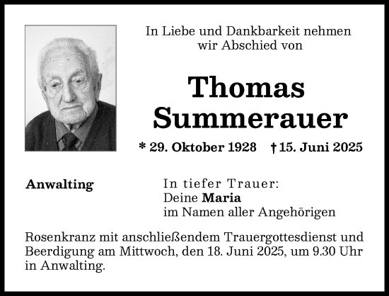 Traueranzeige von Thomas Summerauer von Aichacher Nachrichten