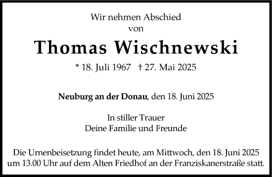 Traueranzeige von Thomas Wischnewski von Neuburger Rundschau