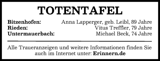 Traueranzeige von Totentafel vom 28.06.2025 von Aichacher Nachrichten
