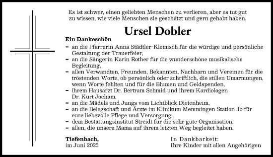 Traueranzeige von Ursel Dobler von Illertisser Zeitung