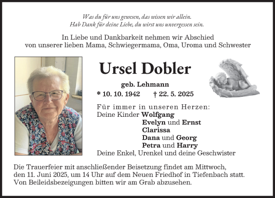 Traueranzeige von Ursel Dobler von Illertisser Zeitung