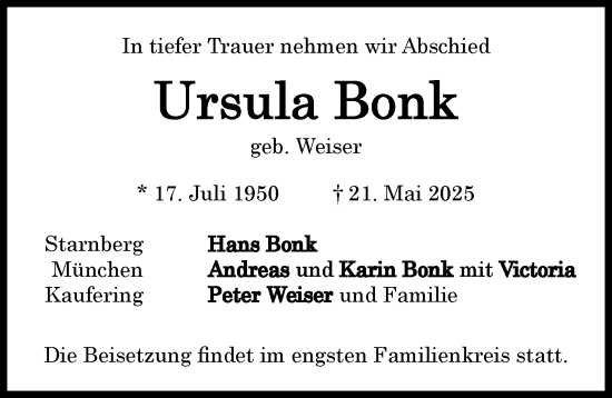 Traueranzeige von Ursula Bonk von Landsberger Tagblatt