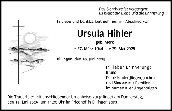 Traueranzeige von Ursula Hihler von Donau Zeitung