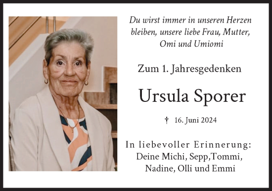 Traueranzeige von Ursula Sporer von Augsburger Allgemeine