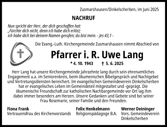 Traueranzeige von Uwe Lang von Augsburg-Land