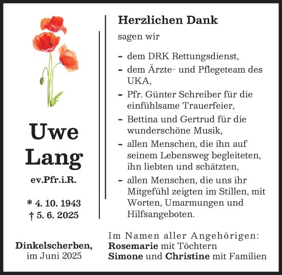 Traueranzeige von Uwe Lang von Augsburger Allgemeine