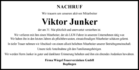 Traueranzeige von Viktor Junker von Rieser Nachrichten