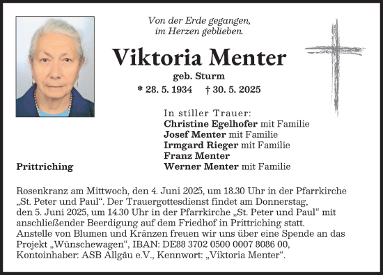Traueranzeige von Viktoria Menter von Landsberger Tagblatt