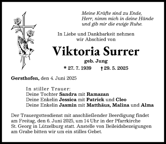 Traueranzeige von Viktoria Surrer von Augsburg-Land