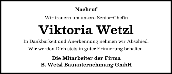 Traueranzeige von Viktoria Wetzl von Landsberger Tagblatt
