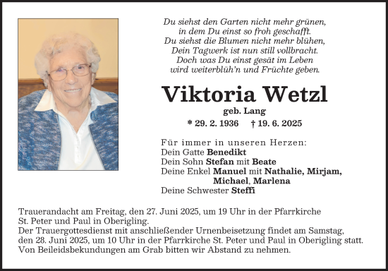 Traueranzeige von Viktoria Wetzl von Landsberger Tagblatt