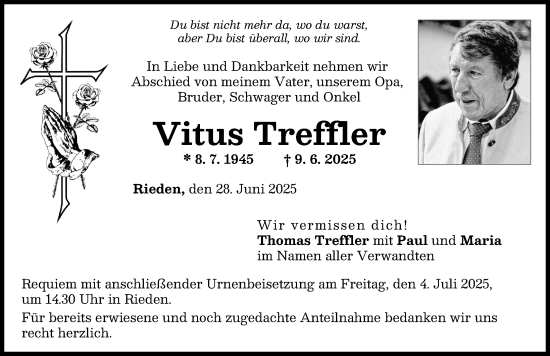 Traueranzeige von Vitus Treffler von Friedberger Allgemeine