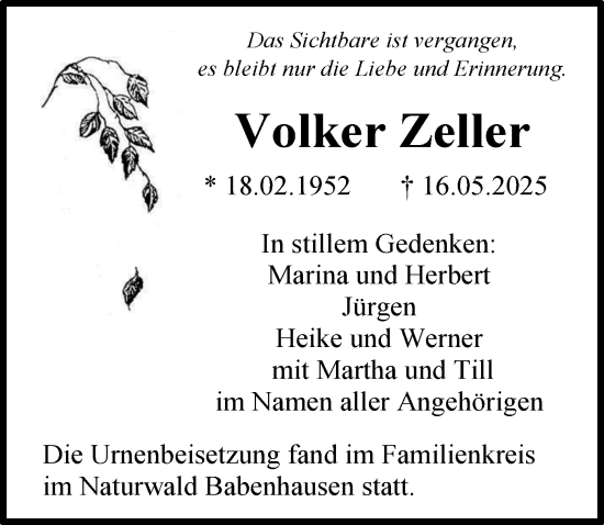 Traueranzeige von Volker Zeller von Illertisser Zeitung