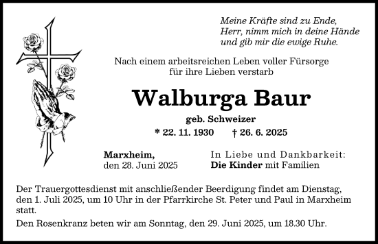 Traueranzeige von Walburga Baur von Donauwörther Zeitung