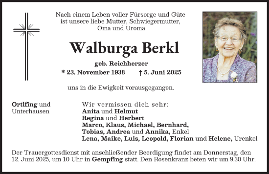 Traueranzeige von Walburga Berkl von Neuburger Rundschau