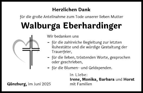 Traueranzeige von Walburga Eberhardinger von Günzburger Zeitung