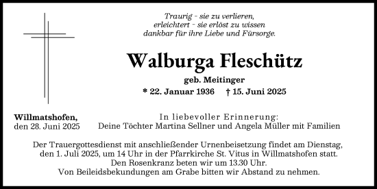 Traueranzeige von Walburga Fleschütz von Augsburger Allgemeine