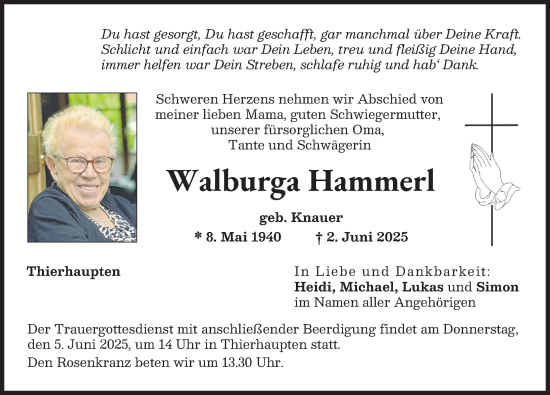 Traueranzeige von Walburga Hammerl von Augsburg-Land