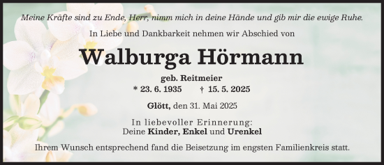 Traueranzeige von Walburga Hörmann von Donau Zeitung