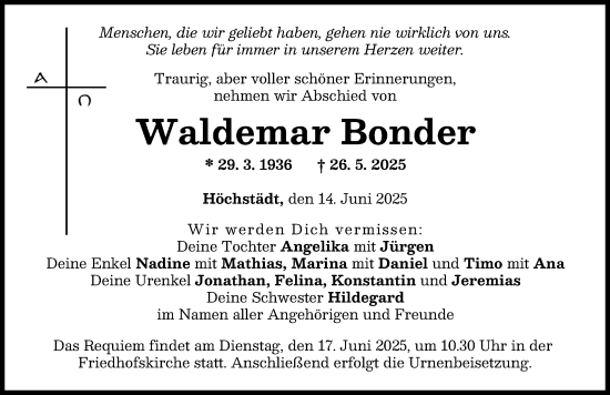 Traueranzeige von Waldemar Bonder von Donau Zeitung