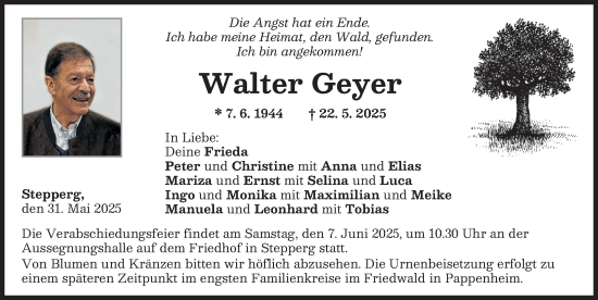 Traueranzeige von Walter Geyer von Neuburger Rundschau