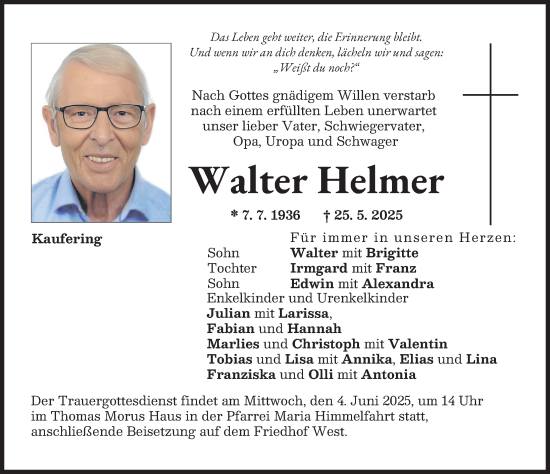 Traueranzeige von Walter Helmer von Landsberger Tagblatt