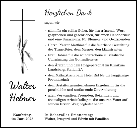 Traueranzeige von Walter Helmer von Landsberger Tagblatt