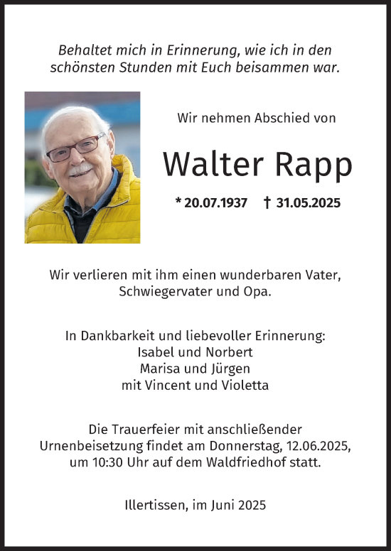 Traueranzeige von Walter Rapp von Illertisser Zeitung