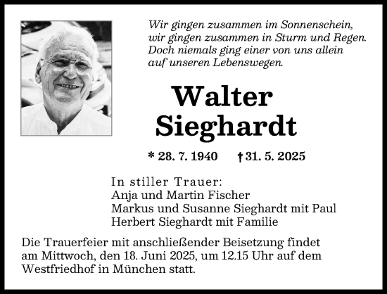 Traueranzeige von Walter Sieghardt von Augsburger Allgemeine, Friedberger Allgemeine