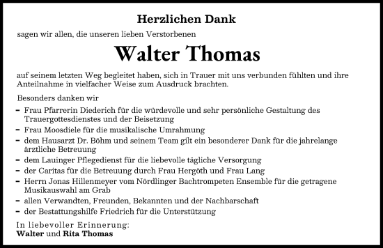 Traueranzeige von Walter Thomas von Donau Zeitung