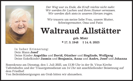 Traueranzeige von Waltraud Allstätter von Illertisser Zeitung