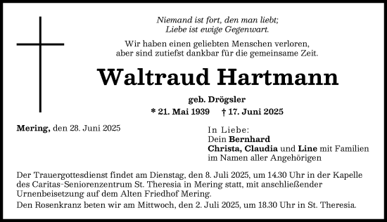 Traueranzeige von Waltraud Hartmann von Friedberger Allgemeine