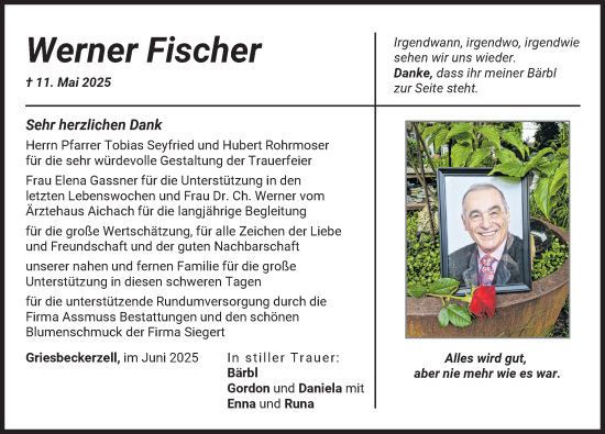 Traueranzeige von Werner Fischer von Aichacher Nachrichten, Friedberger Allgemeine