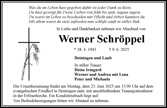 Traueranzeige von Werner Schröppel von Rieser Nachrichten