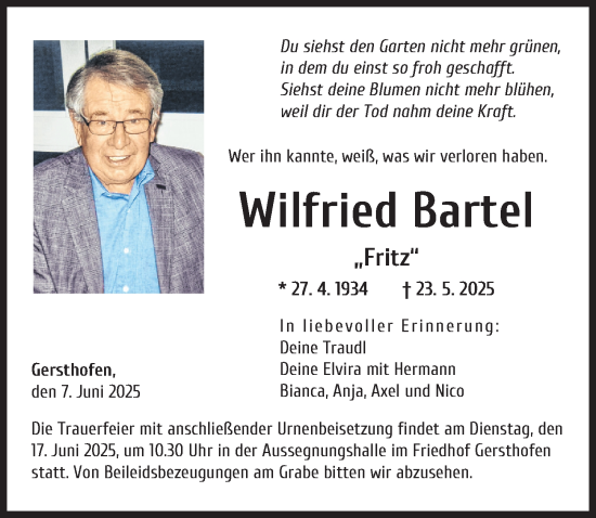 Traueranzeige von Wilfried Bartel von Augsburger Allgemeine
