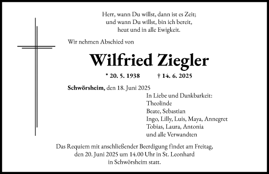 Traueranzeige von Wilfried Ziegler von Rieser Nachrichten