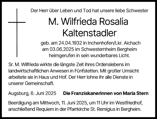 Traueranzeige von Wilfrieda Rosalia Kaltenstadler von Augsburger Allgemeine