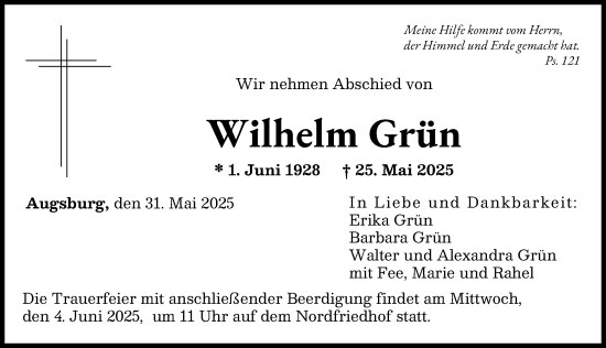 Traueranzeige von Wilhelm Grün von Augsburger Allgemeine