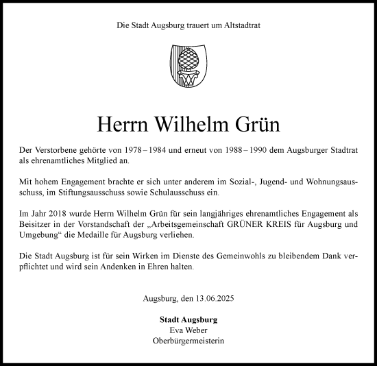 Traueranzeige von Wilhelm Grün von Augsburger Allgemeine