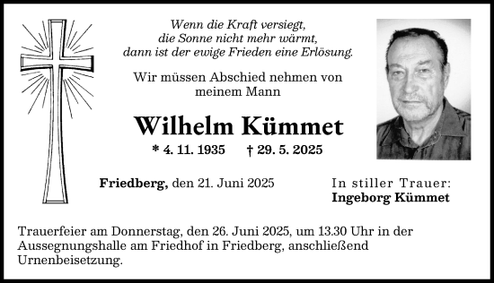Traueranzeige von Wilhelm Kümmet von Friedberger Allgemeine, Augsburger Allgemeine