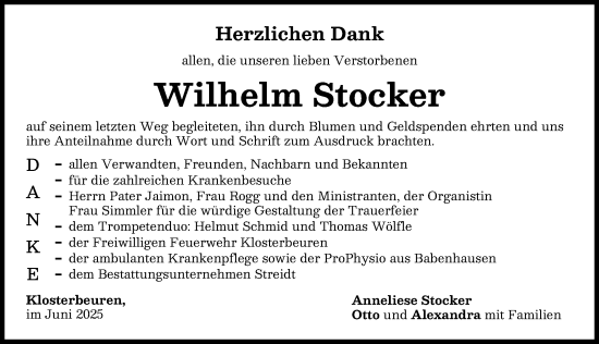 Traueranzeige von Wilhelm Stocker von Illertisser Zeitung