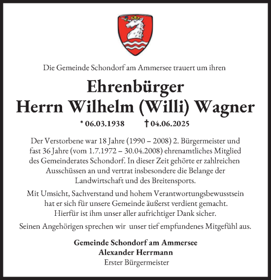 Traueranzeige von Wilhelm Wagner von Landsberger Tagblatt