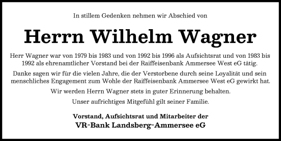 Traueranzeige von Wilhelm Wagner von Landsberger Tagblatt
