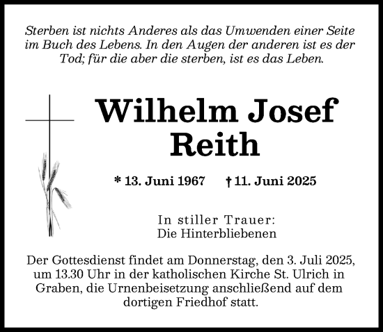 Traueranzeige von Wilhelm Josef Reith von Schwabmünchner Allgemeine