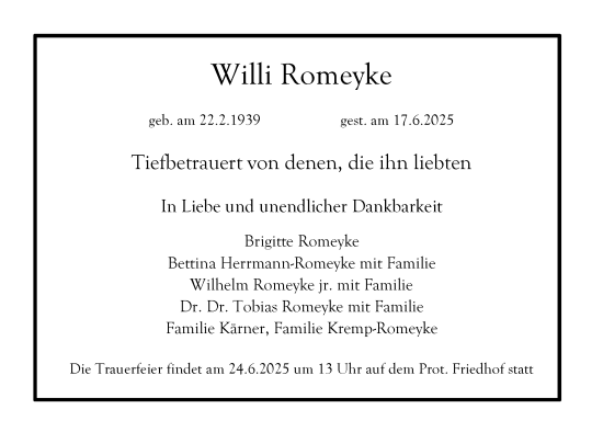 Traueranzeige von Willi Romeyke von Augsburger Allgemeine