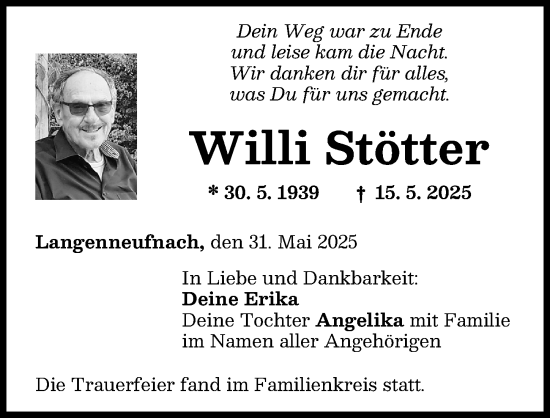 Traueranzeige von Willi Stötter von Schwabmünchner Allgemeine